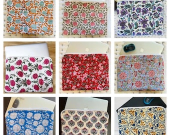 Laptoptas met blokprint bloemen, boho katoenen gewatteerde computerhoes, Indiase handgemaakte tas voor laptop, boho macbook sleeve cadeau voor haar, tas