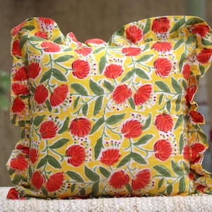 Yellow Pillow COVERS. Throw Pillow Cover, Block Print Pillow Cover for 16x16, 20x20, 18x18 Pillow, ALL SIZES Sham, Square Ruffled Pillowcase