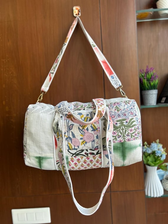 Large Cotton Patchwork Duffle Bag, Blockprint Qui… - image 1