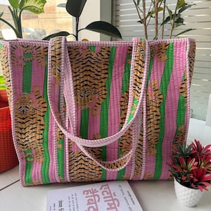 Tiger Print Cotton Tote Bag, Eco Friendly Sustainable Sturdy Grocery Shopping Tote Bag, Quilted Tote Bag, Market Bag, Handmade Boho Bag-Gift