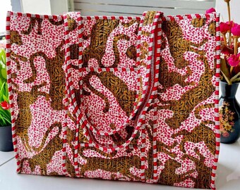 Borsa tote in cotone trapuntato con stampa a blocchi, realizzata a mano, ideale come borsa shopper/borsa per la spesa/borsa per il mercato/borsa portaoggetti, borsa da viaggio a tracolla in stile boho ecologica.