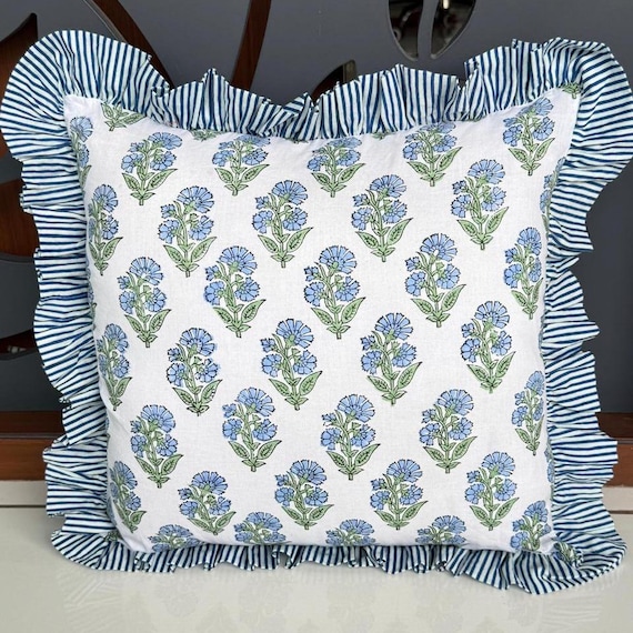 100% Cotton Pillow Cover, Handmade Bedding Pillows, Vintage Beautiful Pillowcases, Block Print Square Frilled Sofa Decor Cushion Case, Gifts