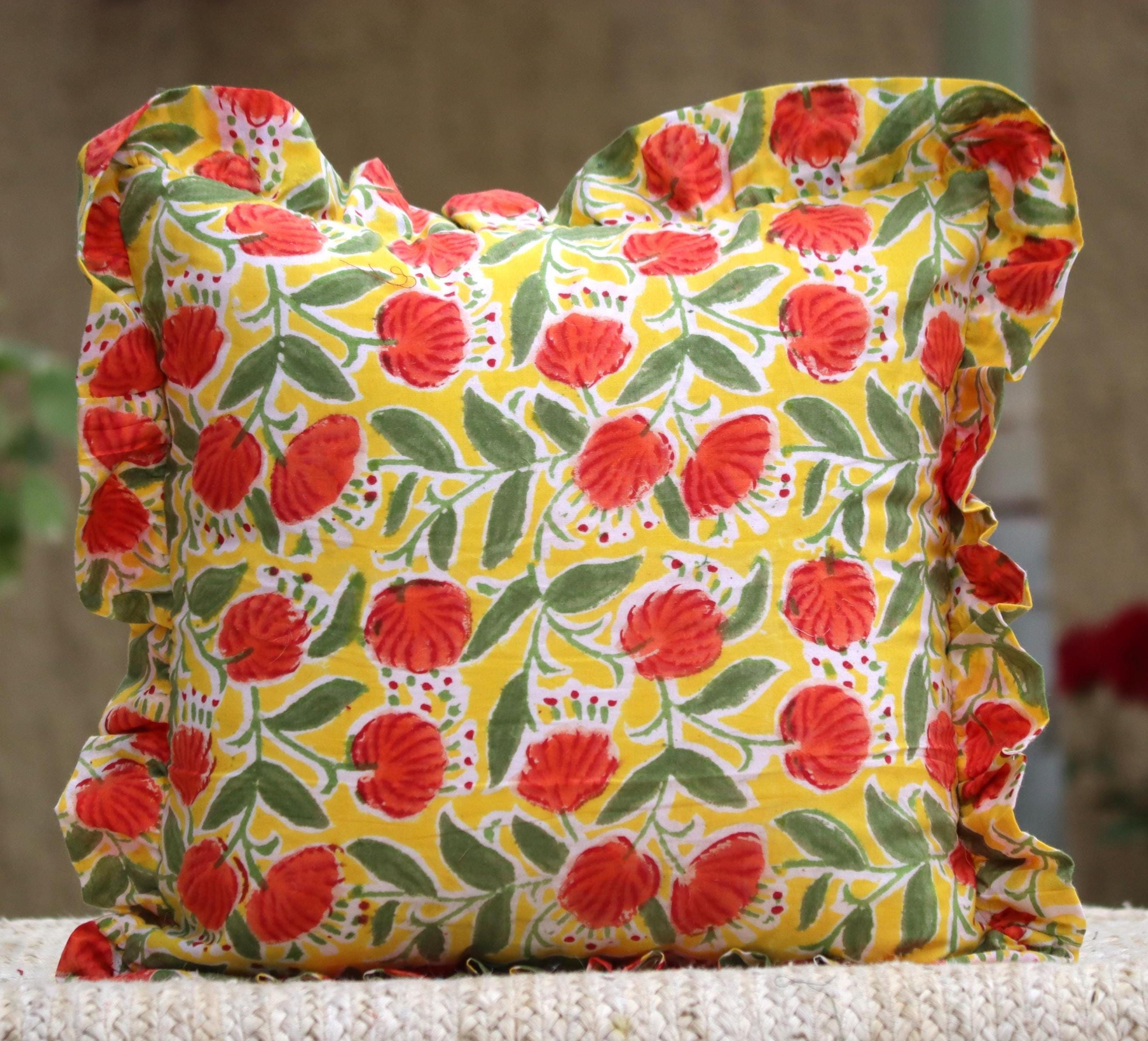 Yellow Pillow COVERS. Throw Pillow Cover, Block Print Pillow Cover for 16x16, 20x20, 18x18 Pillow, ALL SIZES Sham, Square Ruffled Pillowcase