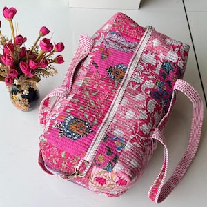 Aesthetic Pink Patchwork Duffle Bag Quilted Cotton Weekender Holdall, Boho Travel Carry On Overnight Bag, Unique Handmade Gift Idea