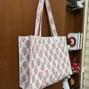 Quilted Cotton Hand Block Print Large Travel Tote Bag Floral Shoulder Shopping Bag Eco Friendly Sustainable Sturdy Grocery Bag Handmade Gift