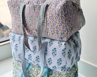 Bolsa de lona de algodón con estampado artesanal, bolso de fin de semana para mujer, bolso de viaje acolchado estilo boho, bolso de mano a medida, bolsa de regalo navideña, bolsa de viaje