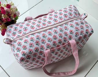 Pink Floral Quilted Duffle Bag, Cotton Block Print Weekender, Boho Overnight Travel Bag for Women, Large Gym Bag, Bridesmaid Gift