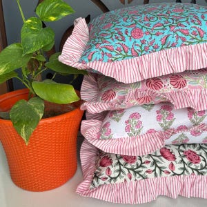 Indian Hand Block Print Throw Pillow Cover/16x16-26x26 Cotton Cushion Cover For Home Decor Boho Decorative Frill Pillowcase(Both Side Print)