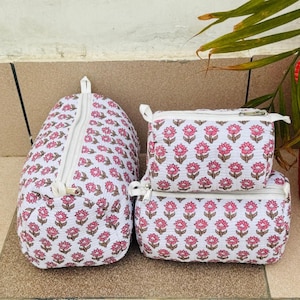 3-teiliges Set aus gesteppter Baumwollkulturtasche (6x3x3, 8x4x4, 10x5x5) Block-Print-Kosmetiktasche, Waschtasche, Beauty-Tasche, Dopp-Kit, Damen-Make-up-Tasche.