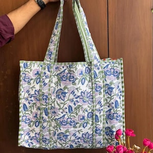 Block gedruckte Einkaufstasche, gesteppte Handgepäcktasche, umweltfreundliche nachhaltige robuste Lebensmitteleinkaufs-Einkaufstasche, Boho Overnight Beach Tragetaschen