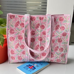 Cotton Quilted Bag, Block Print Tote Bag for Women, Boho Travel Bag, Handmade Shoulder Purse, Large Floral Weekender, Bridesmaid Gift, Bags