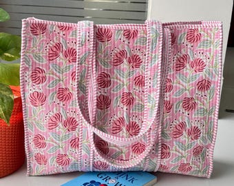 Cotton Quilted Bag, Block Print Tote Bag for Women, Boho Travel Bag, Handmade Shoulder Purse, Large Floral Weekender, Bridesmaid Gift, Bags