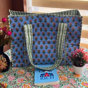 Handgefertigte Baumwoll-Einkaufstasche mit gestepptem Blockprint, Einkaufstasche/Einkaufstasche/Markttasche/Aufbewahrungstasche, umweltfreundliche Boho-Schultertasche