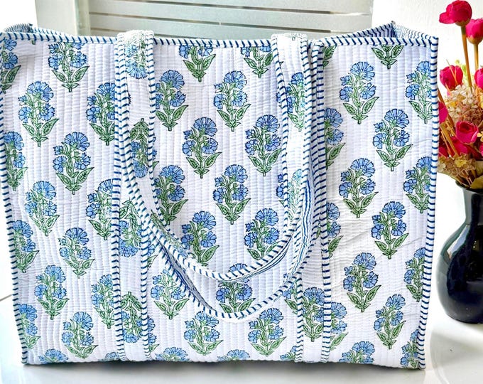 Indian Handmade Cotton Quilted Tote For Shopping, Shoulder Carry On For market/Bags, Hand Block Print Custom Storage Bag, Personalized Gifts