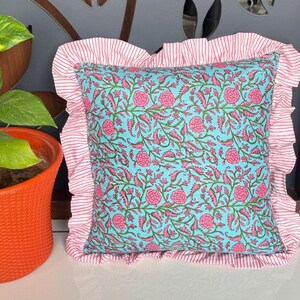 100% Cotton Pillow Cover, Handmade Bedding Pillows, Vintage Beautiful Pillowcases, Block Print Square Frilled Sofa Decor Cushion Case, Gifts Pillow Cover 07