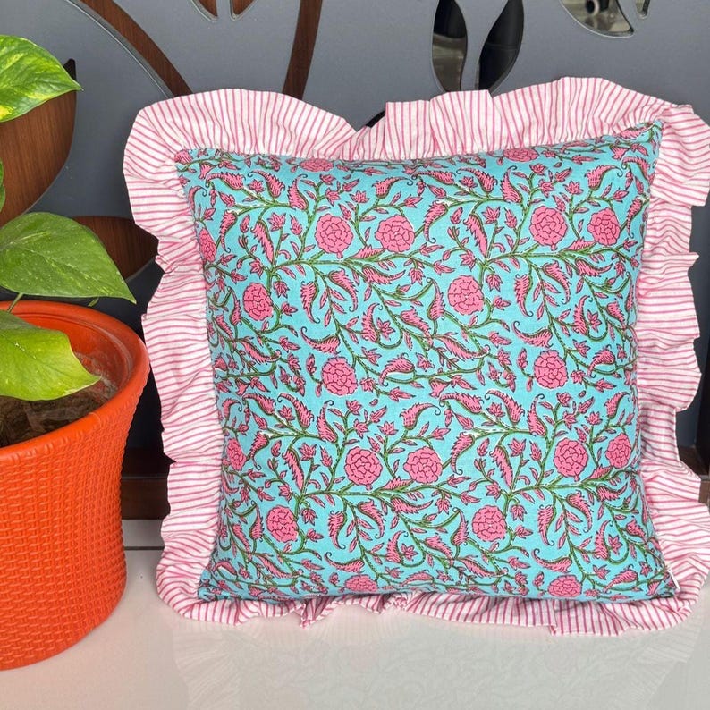 100% Cotton Pillow Cover, Handmade Bedding Pillows, Vintage Beautiful Pillowcases, Block Print Square Frilled Sofa Decor Cushion Case, Gifts Pillow Cover 07