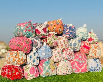 Cosmetic Bag Cotton Block Print Hand Purse Small Quilted Wash Bag Women&#39;s Makeup Bag Toiletry Bag Holiday Gift Personalized Utility Pouches
