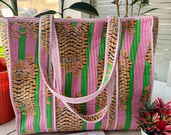 Borsa tote in cotone trapuntato con stampa a blocchi, realizzata a mano, ideale come borsa shopper/borsa per la spesa/borsa per il mercato/borsa portaoggetti, borsa da viaggio a tracolla in stile boho ecologica.