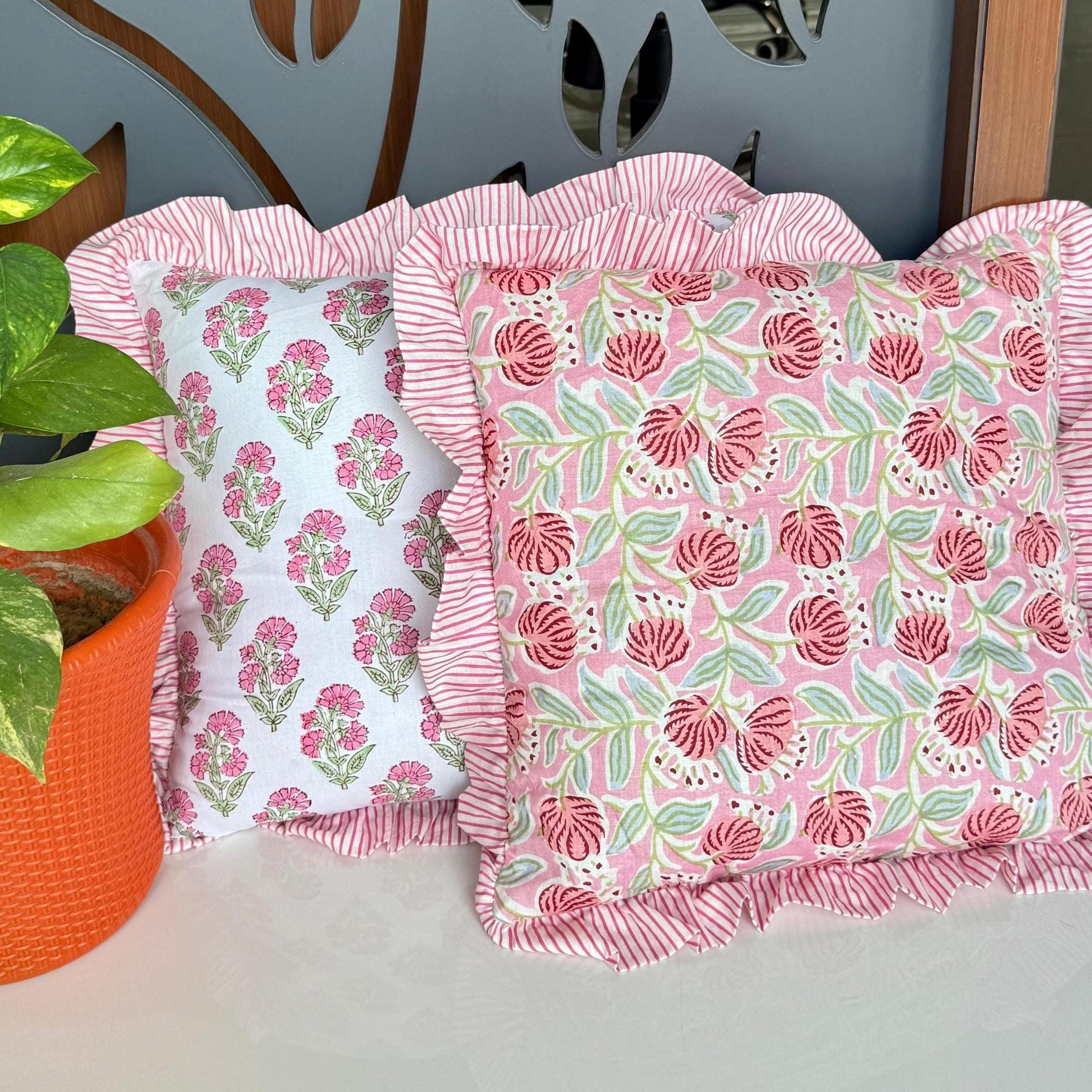 Hand Blocked Cushion Covers | Pink Throw Pillows | Floral Pillow Covers With Frill | Decorative Cotton Pillow Cover | Designer Pillow Cover