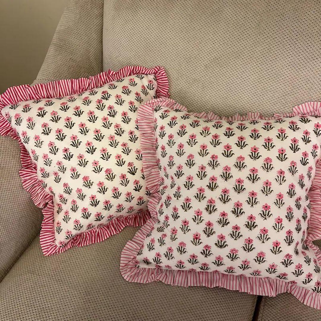Pink Ruffle Throw Pillow Cover for Couch-20x20 Inch Cotton Stripe ...