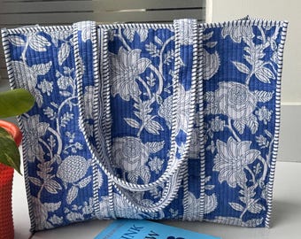 Large Tote Bag Vintage Cotton Custom Shoulder Bag Block Print Grocery Bag Quilted Women's Shopping Bag Eco Friendly Luggage Bag Gift For Her
