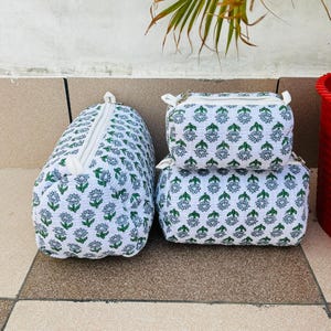Set di 3 borse a mano in cotone, borsa da toilette/borsa per cosmetici trapuntata in stile boho indiano, borsa da viaggio floreale/beauty case, borsa per il trucco da donna, borsa ecologica.
