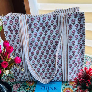 Large Cotton Quilted Travel Tote Bag Handmade Shoulder Tote Bag Crossbody Jhola Bag Women Accessories Bag 18x15x5 Inch Beach Bag Bridal Bag