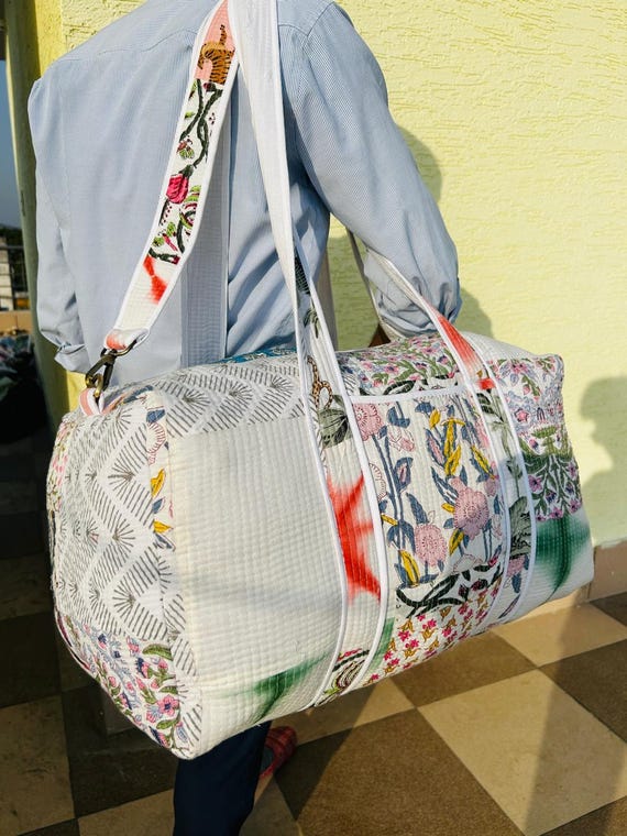 Large Cotton Patchwork Duffle Bag, Blockprint Qui… - image 3