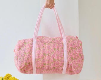 Vintage Cotton Overnight Bag, Print Floral Quilted Shoulder Travel Bag, Boho Beach DuffleBag, Custom Weekender Bag, Groomsmen Gift, Tote Bag