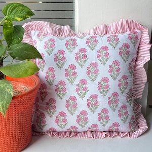 Pink Ruffle Throw Pillow Cover For Couch-20x20 Inch Cotton Stripe Cushion Cover For Living Room Hidden Zipper Boho Pillowcase Outdoor Pillow