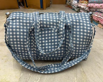 Blau Gingham Baumwolle Gesteppte Duffle Gepäcktasche Wochenende Overnight Schultertasche Block Print Reise Urlaub Taschen Geburtstagsgeschenk für Her-Holdall