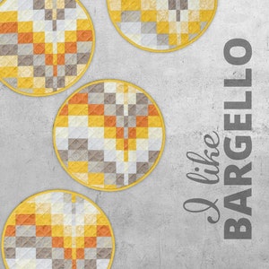 May include: Four round, yellow-trimmed, fabric coasters with a geometric pattern of orange, yellow, and gray squares. The text "I like BARGELLO" is written in gray on a gray concrete background.