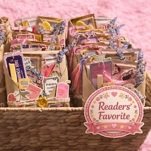 May include: A woven basket filled with multiple brown paper gift bags, each decorated with various stickers, bookmarks, and dried lavender sprigs. A circular sign attached to the front of the basket features a floral border and the text Readers' Favorite.