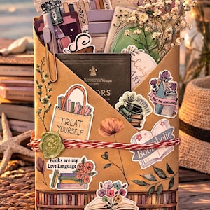 Pu&ograve; includere: Una busta di carta marrone riempita con articoli di cancelleria, adesivi e un libro. La busta presenta illustrazioni floreali, un sigillo di ceralacca, spago rosso e bianco e adesivi con testo tra cui Treat Yourself, Bookaholic e Books are my Love Language.