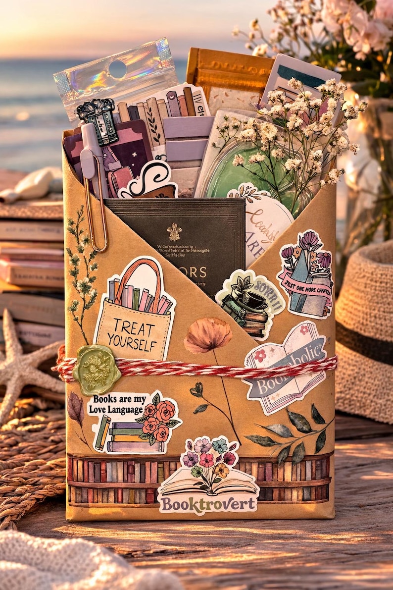 Pu&ograve; includere: Una busta di carta marrone riempita con articoli di cancelleria, adesivi e un libro. La busta presenta illustrazioni floreali, un sigillo di ceralacca, spago rosso e bianco e adesivi con testo tra cui Treat Yourself, Bookaholic e Books are my Love Language.