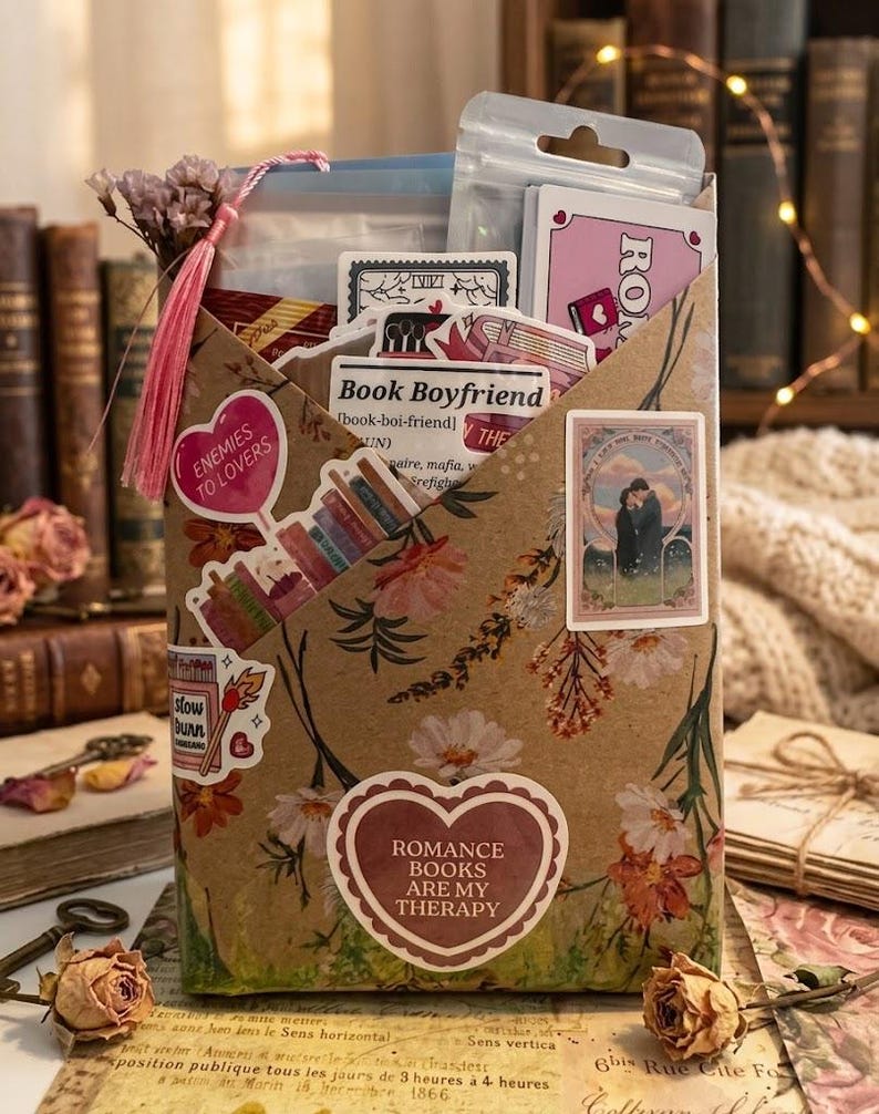 Pu&ograve; includere: Una busta di carta marrone decorata con motivi floreali e vari adesivi, tra cui un'etichetta a forma di cuore con la scritta ROMANCE BOOKS ARE MY THERAPY, un adesivo con Book Boyfriend e un adesivo rosa con ENEMIES TO LOVERS.