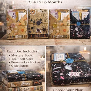 May include: A display of subscription boxes with the text "Monthly Book Subscription Box." The boxes are wrapped in decorative paper and sealed with wax stamps. The boxes include a mystery book, tea, self-care items, bookmarks, stickers, and cozy extras.