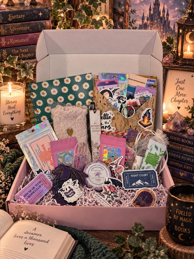 Pu&ograve; includere: Una scatola regalo riempita con articoli assortiti, tra cui un taccuino con motivo a margherite verdi, calzini morbidi, una candela profumata alla vaniglia, vari adesivi, un segnalibro e piccoli sacchetti con articoli di cancelleria.