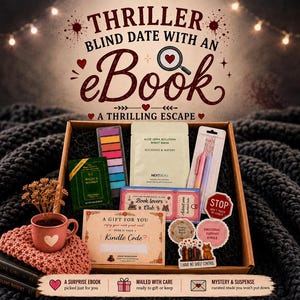 May include: A gift box labeled Thriller Blind Date with an eBook containing a Kindle code card, an aloe vera sheet mask, a small watercolor set, two pens, a pink mug with a heart, and several stickers including one that says Stop Don't Touch My Story.
