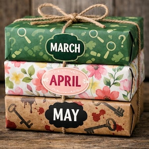 May include: Three stacked gift boxes wrapped in patterned paper and tied with twine. The top box is green with magnifying glasses and question marks, labeled "MARCH." The middle box has floral patterns and is labeled "APRIL." The bottom box is brown with keys and labeled "MAY."