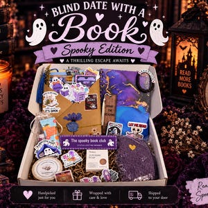 May include: A gift box titled Blind Date with a Book Spooky Edition containing a purple marbled notebook, a wooden bookmark, a pair of fuzzy purple socks, a bar of turmeric soap, a small candle, and various ghost-themed stickers and accessories.