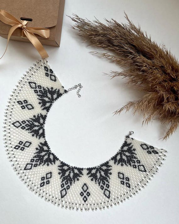White Black Beaded Necklace,mexican Necklace,beaded Choker,choker - Main Image
