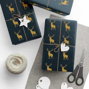 Classic Christmas Reindeer Wrapping Paper, Deer Lux Gift Wrap, Holiday Rolls, Vintage Wrap Roll, Outdoorsman