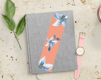 Floral Cross Stitch Bookmark Pattern PDF Printable Blue Lily Flower Minimalist Design