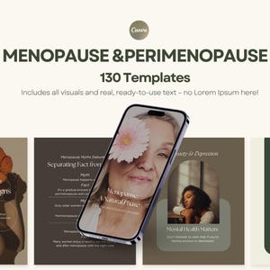 Op de afbeelding: Een smartphone toont een presentatie over de menopauze en perimenopauze, met de tekst "MENOPAUSE & PERIMENOPAUSE" en "130 Templates". De presentatie bevat beelden en tekst over symptomen, mythen en mentale gezondheid. Het Canva-logo is zichtbaar.