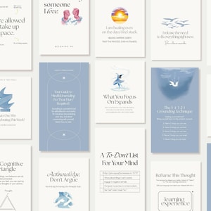 May include: A collection of cards with various text and illustrations. The cards feature phrases like "You're allowed to take up space" and "What You Focus On Expands." The color palette includes white, blue, and beige.