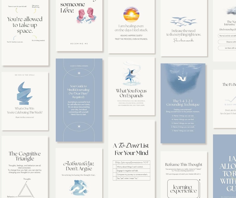 May include: A collection of cards with various text and illustrations. The cards feature phrases like "You're allowed to take up space" and "What You Focus On Expands." The color palette includes white, blue, and beige.
