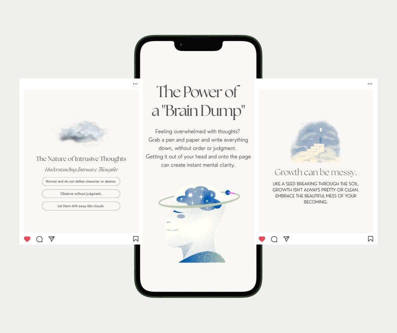 May include: A smartphone displays three Instagram-style graphics with text about intrusive thoughts and mental clarity. The graphics feature illustrations of clouds, a brain, and a seed, with text like "The Power of a Brain Dump."