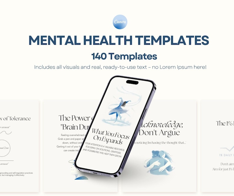 May include: A smartphone displays a mental health template with the text "What You Focus On Expands." The image is part of a set of 140 templates, as indicated by the text "MENTAL HEALTH TEMPLATES" and "140 Templates."
