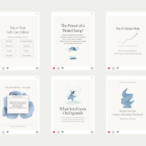 May include: A collection of six social media posts with a light beige background. Each post features text and watercolor illustrations in shades of blue. Topics include self-care, mental health, and personal growth.